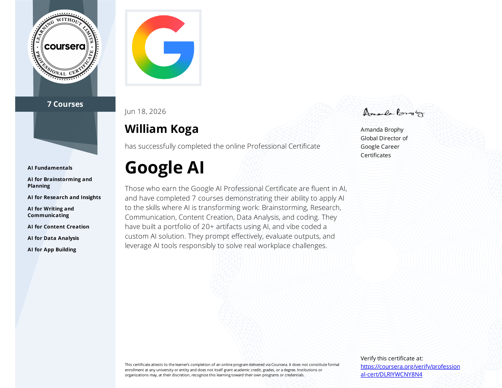 Certificado Google AI Professional de William Koga